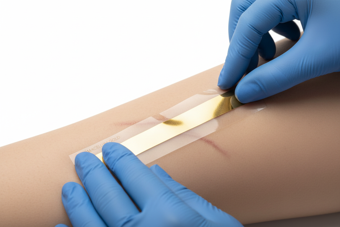 Sanotape Narbenpflege nach OP - durchsichtiges Pflaster mit goldenem Mittelstreifen auf verheilter Narbe